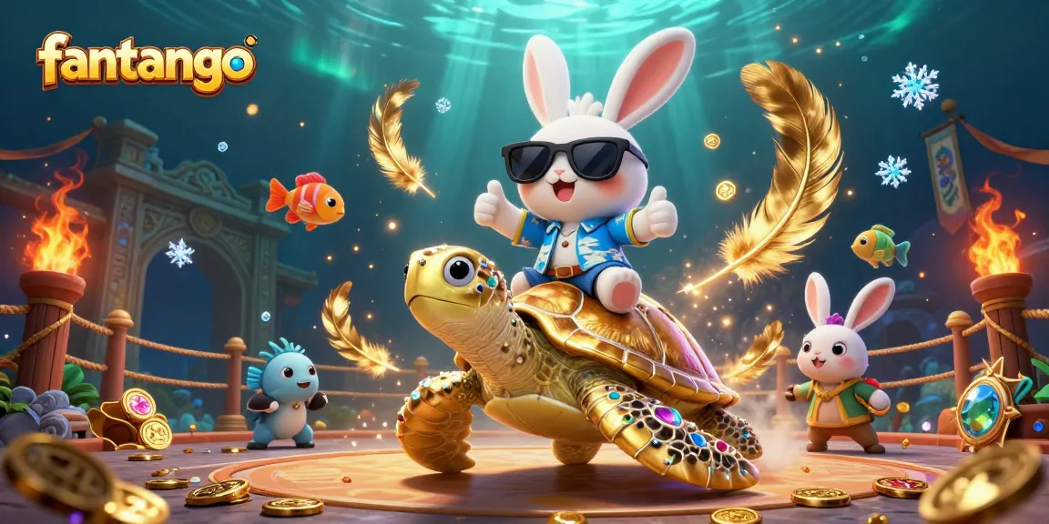 Experience the thrill of fantango with an adorable lucky rabbit and golden sea turtle in a vibrant casino scene.