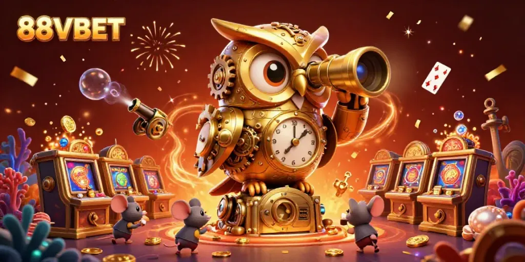 88VBET engaging 3D casino scene with animated owl and treasure elements