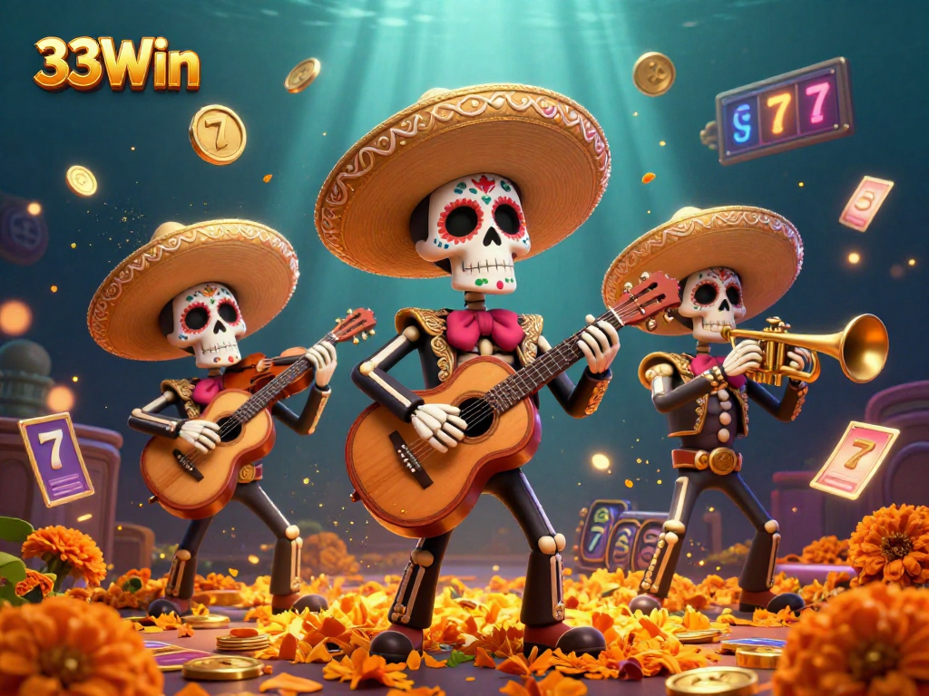 Experience the vibrant celebration of 33Win with a dynamic mariachi scene, featuring slots, trophies, and betting elements.
