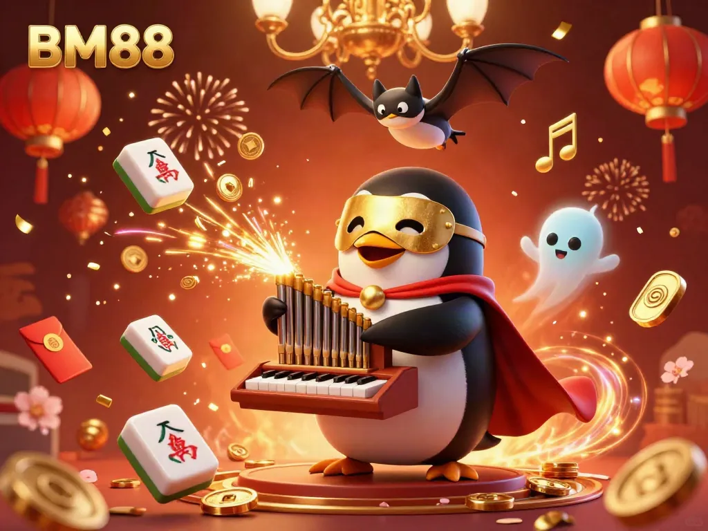Experience exciting gameplay at BM88 with a vibrant illustration of a phantom opera penguin playing a coin-shooting organ, filled with festive decorations.