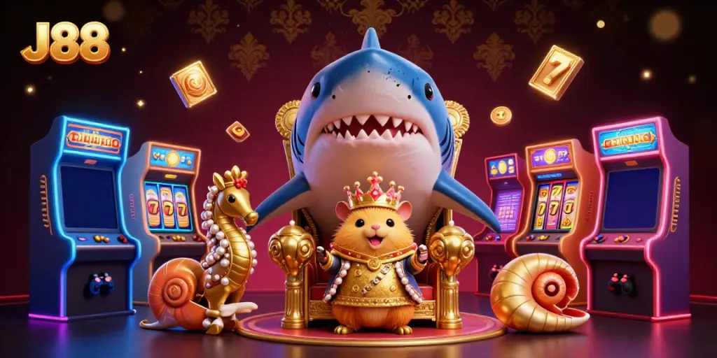 Experience the vibrant casino world of J88 with a golden hamster king and luxurious arcade elements.