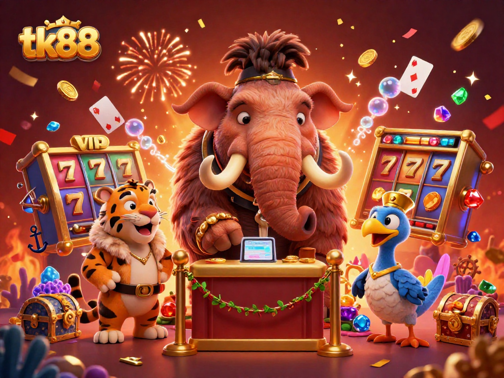 tk88 bouncer checks IDs at a lively casino scene filled with vibrant game elements and festive decorations