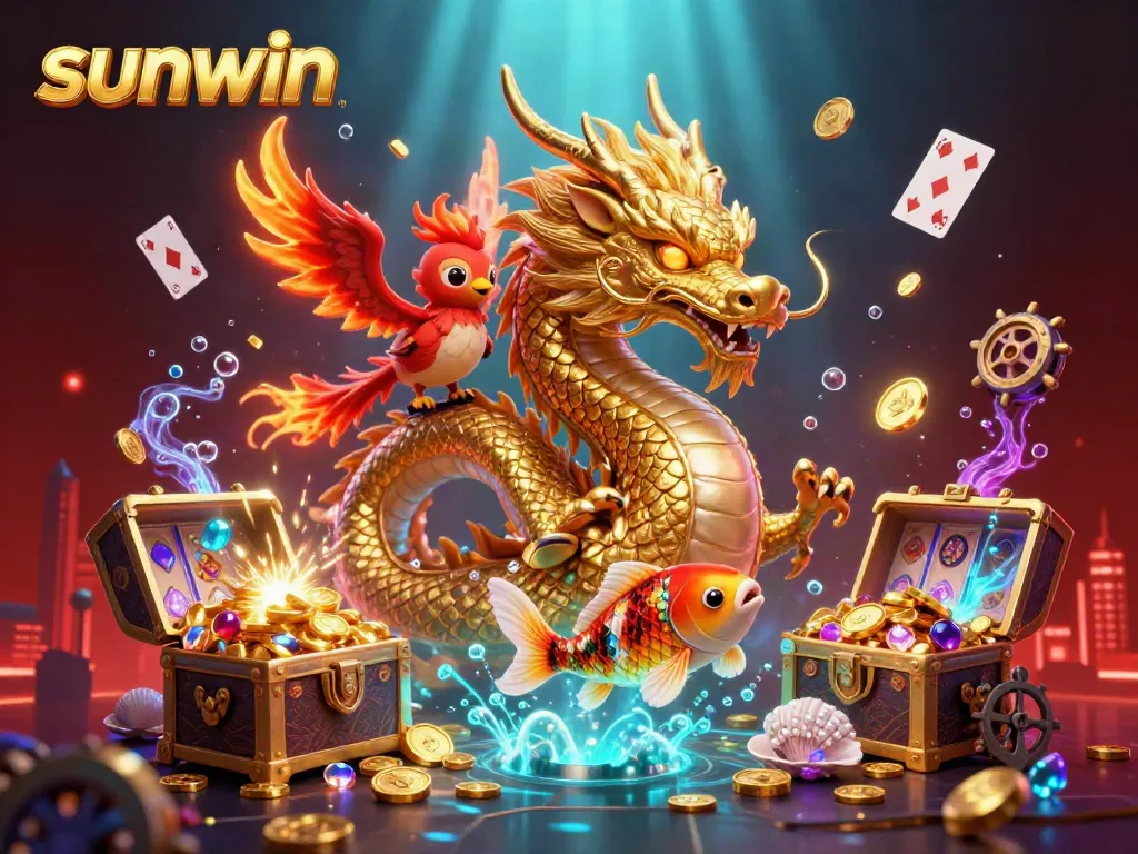 Experience the thrilling action of sunwin with a golden dragon, phoenix, and koi fish amidst radiant gaming elements.
