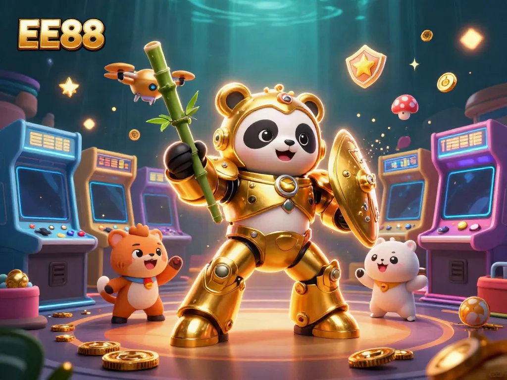 Experience the excitement of EE88's dynamic gaming arena, featuring a golden panda mech and vibrant arcade elements.