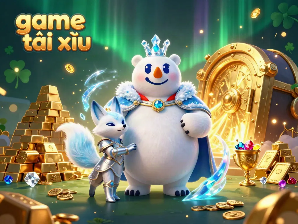 Engage in the exciting game tài xỉu with a magical illustration of a regal polar bear and snow fox surrounded by treasure.