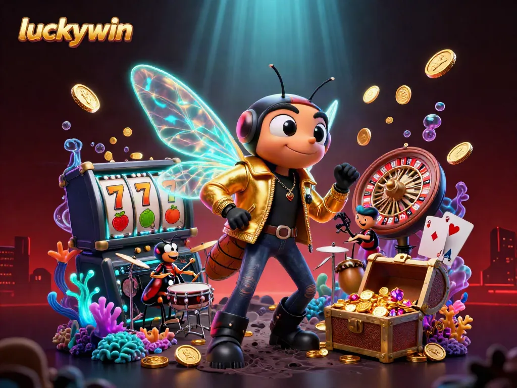Experience the excitement of luckywin with a vibrant 3D scene filled with animated characters and casino elements.