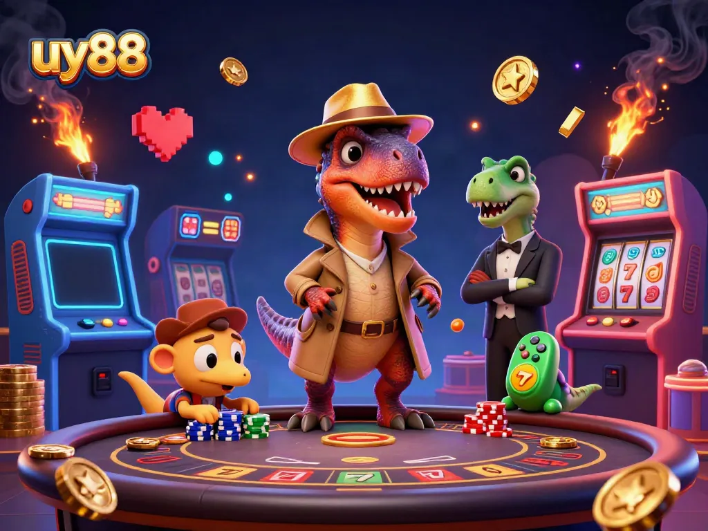 Engage in exciting blackjack action at uy88 with dinosaurs in a vibrant casino setting.