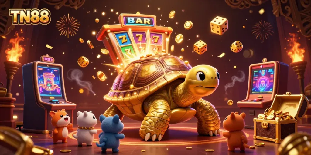 Engage in thrilling casino action with TN88 featuring a golden tortoise slot machine in a vibrant scene filled with jackpots.