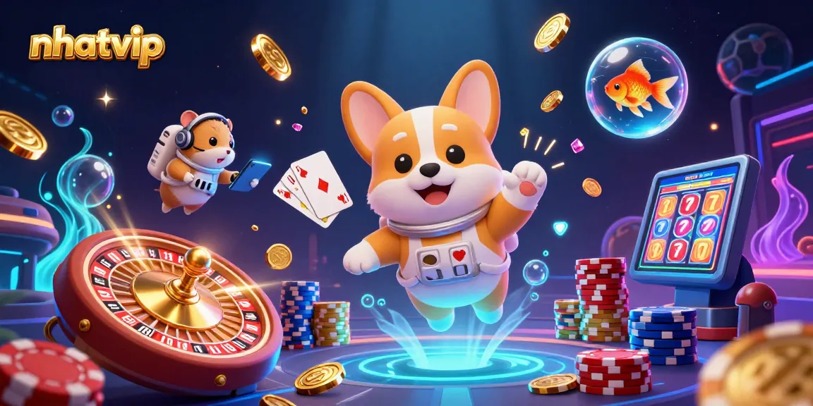 Simulate winning moments at Nhatvip with vibrant 3D casino illustration featuring playful characters and dynamic game elements.