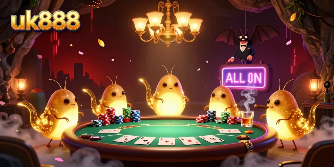 Experience gaming excitement with uk888 as glowworms light a cave casino filled with poker elements.