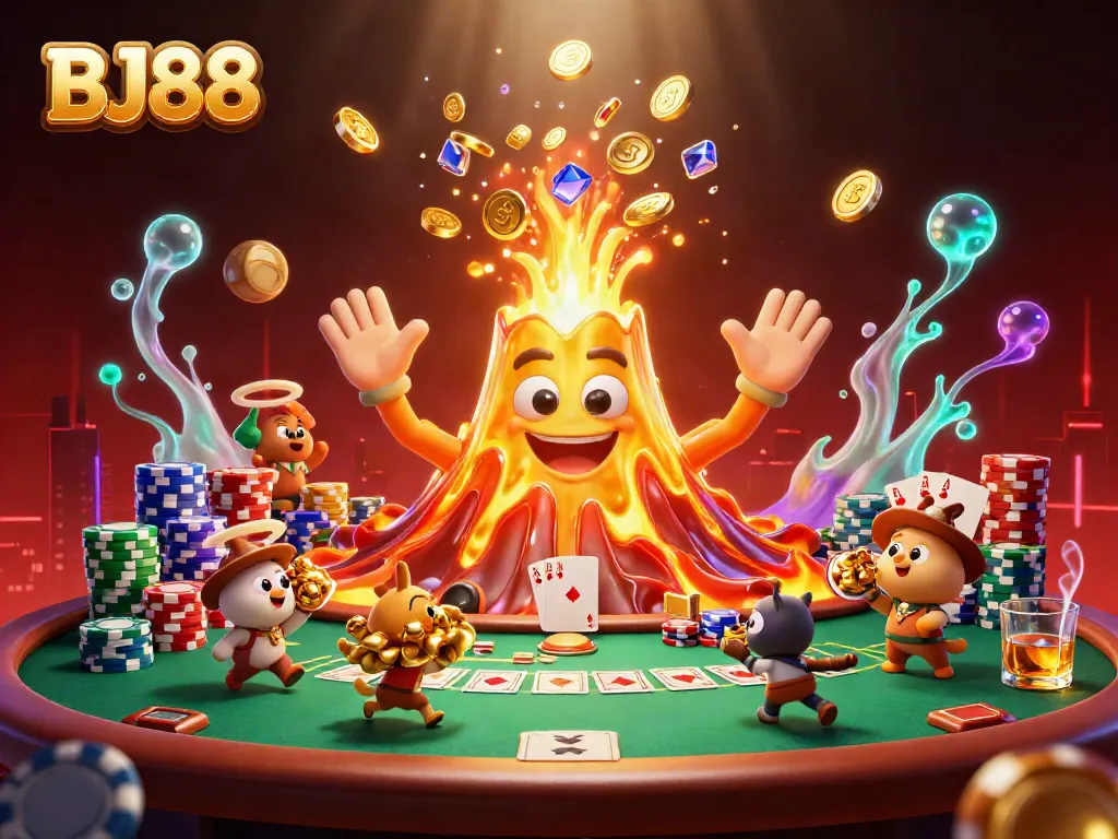 BJ88 casino illustration featuring a triumphant volcano erupting treasures as characters flee the scene.