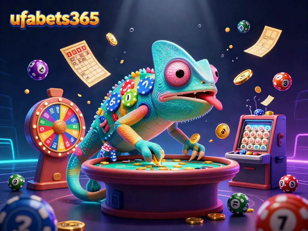 Engage in thrilling gameplay at ufabets365 with a vibrant 3D casino scene featuring a chameleon owner and dynamic lottery elements.