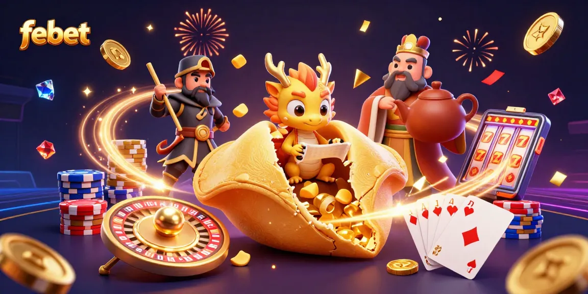 Winning at febet with an exciting 3D casino scene full of games and festive elements.