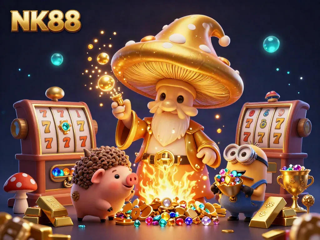 Experience NK88's magical casino world filled with golden treasures and lively characters.