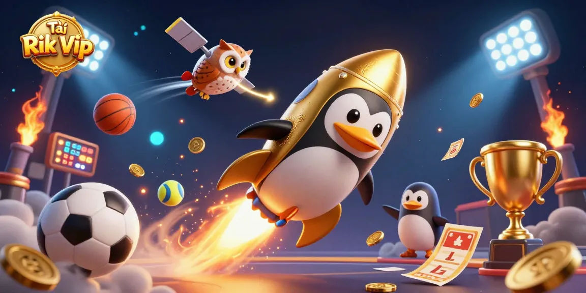 Experience the thrill of Tải Rik Vip with a vibrant 3D illustration showcasing a golden penguin and dynamic casino elements.