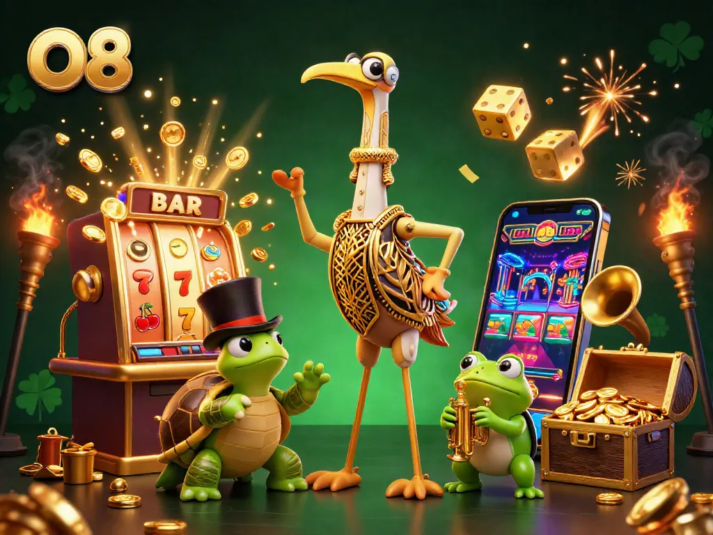 O8 captures thrilling winnings with dynamic slot action and cartoon characters celebrating