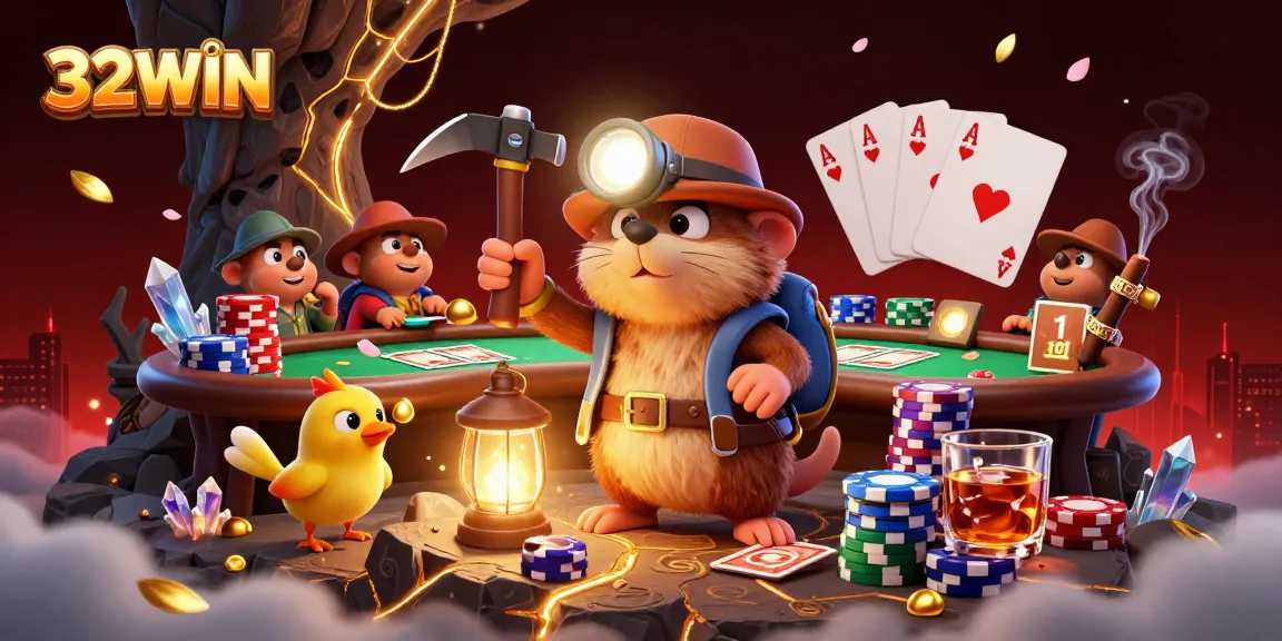 Engage with thrilling poker action at 32WIN featuring a treasure hunter mole in a wealth-filled cave.