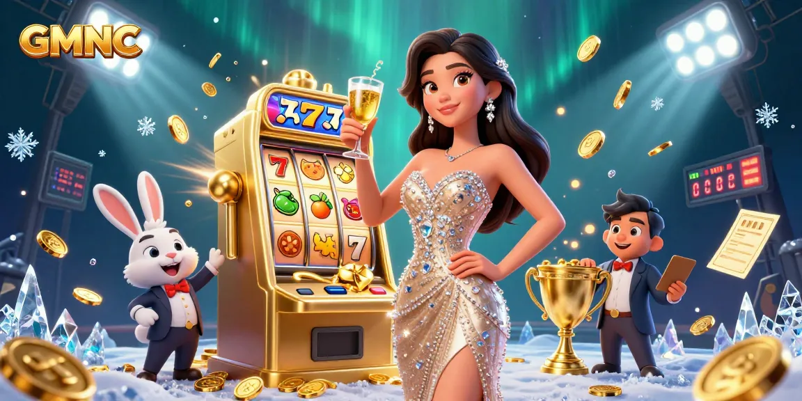 Celebrate wins with GMNC while enjoying a vibrant casino scene featuring slot machines and dynamic elements.