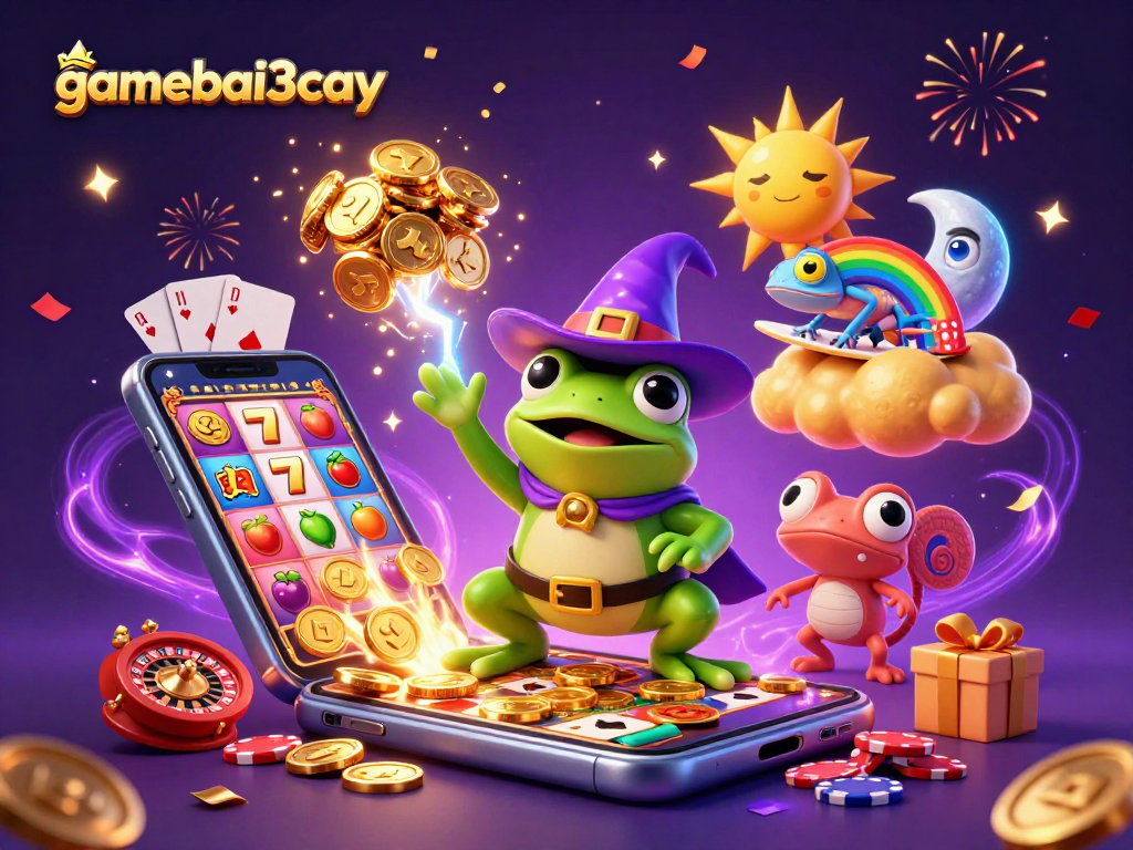 Engage with gamebai3cay as the weather wizard frog conjures golden coins amidst vibrant casino elements in a magical scene.
