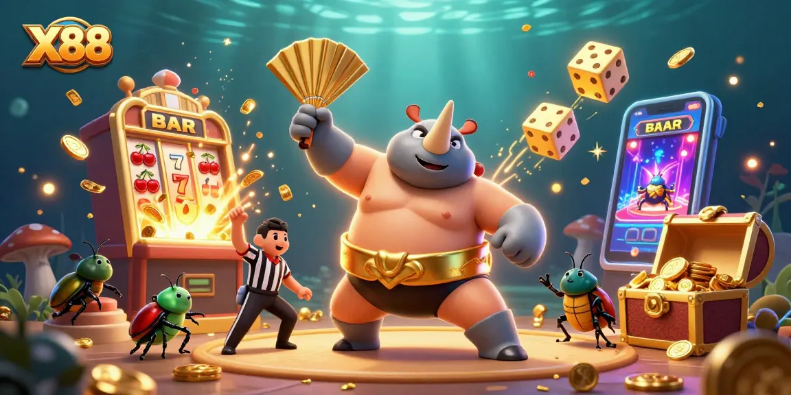 X88 players celebrating casino winnings with a vibrant scene of golden coins and slot machines