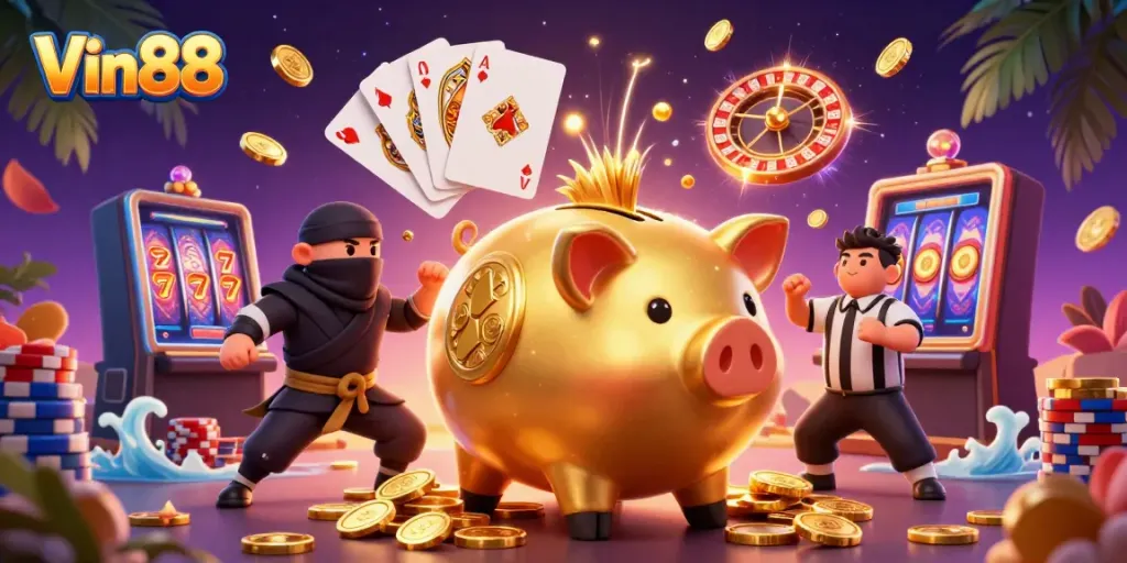 Win big with Vin88 in a vibrant, rich 3D casino scene featuring dynamic characters and winning game elements.
