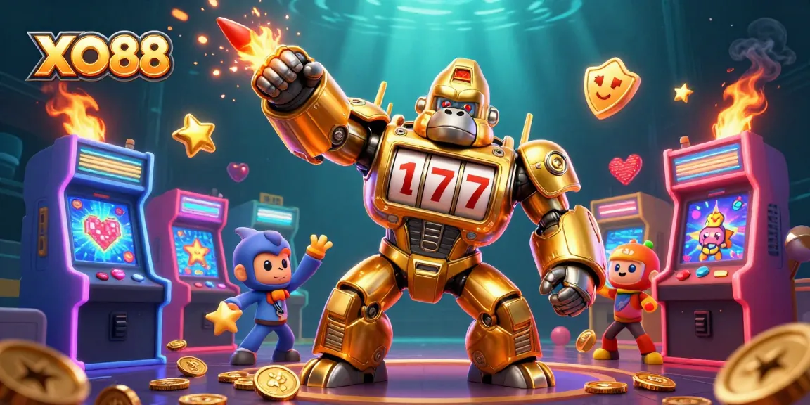 Experience thrilling gaming at XO88 with an explosive golden gorilla mech in action.