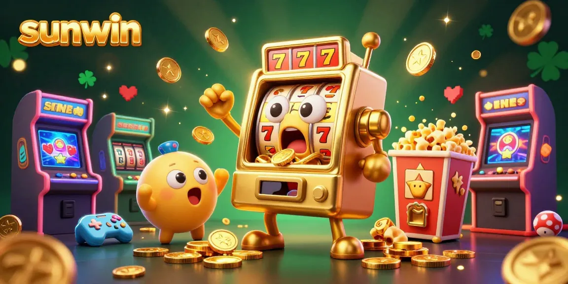 Spin the sunwin slot machine in excitement while golden coins fly and baby slots cheer in a vibrant casino scene.