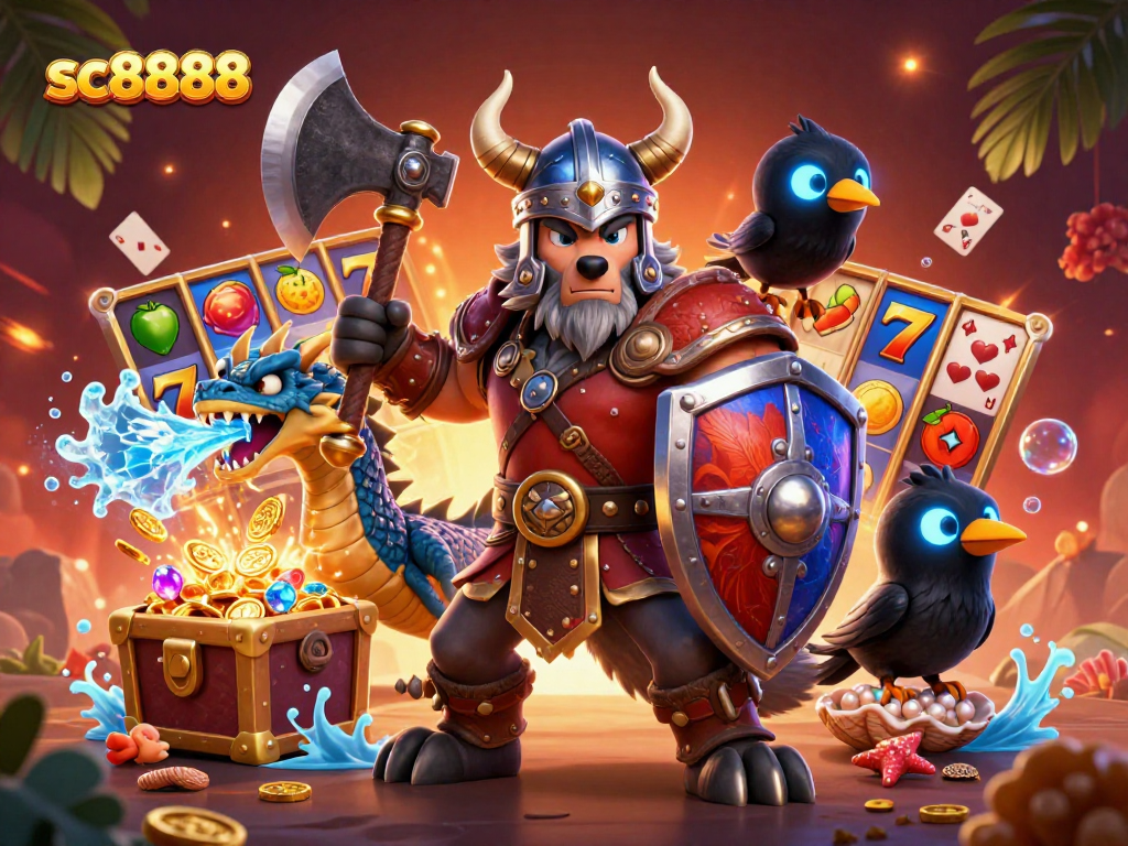 Engage with sc8888 in a vibrant casino adventure featuring Viking warrior and fierce dragon.