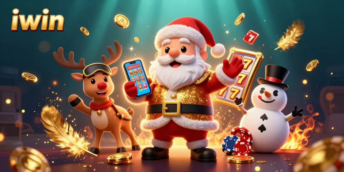 iwin jackpot slots showcase with Santa Claus and friends celebrating in a festive casino