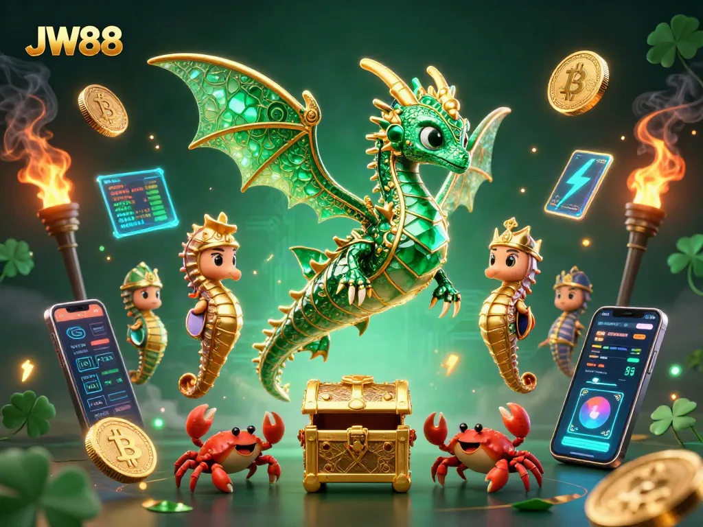 Experience exhilarating gaming at JW88 with an enchanting scene featuring emerald sea dragons, crypto coins, and vibrant gaming elements.