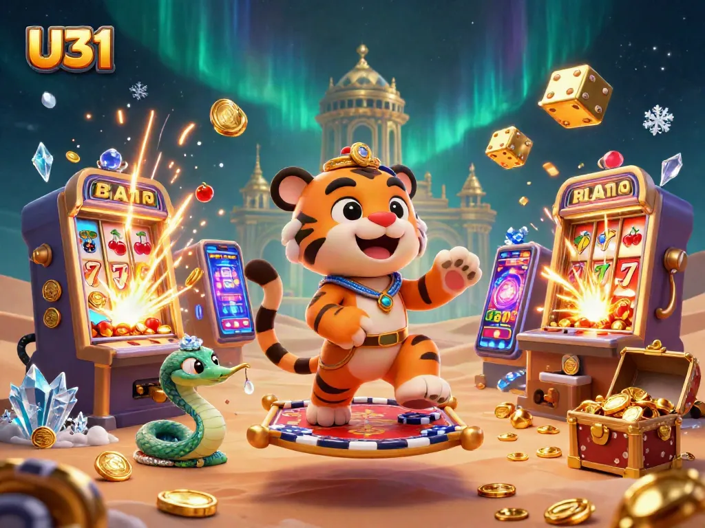 Experience thrilling wins with U31 in this packed casino scene featuring vibrant slots and dazzling characters.