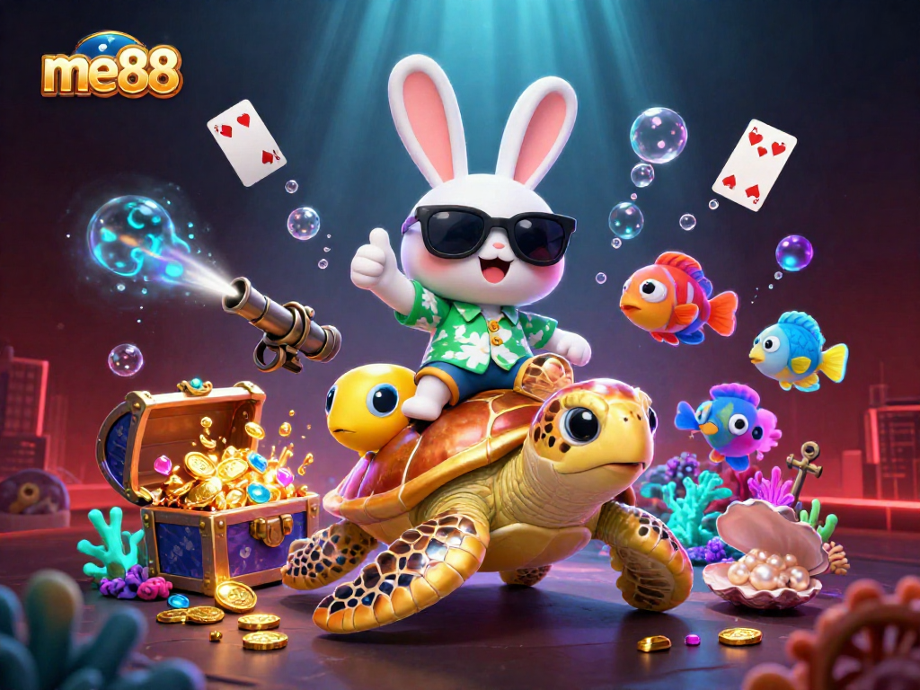 Play exciting games at me88 with a lucky rabbit and golden turtle in vibrant underwater action.