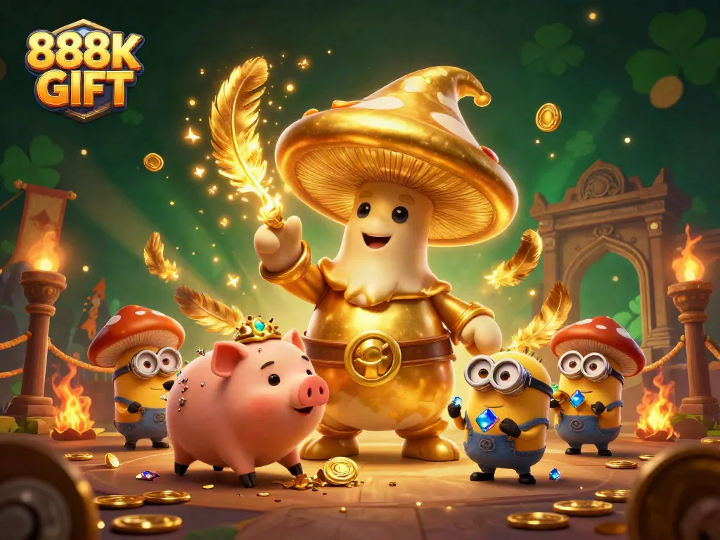 Experience the magic of 888K GIFT with golden wizard and treasure-seeking companions in this vibrant casino art.