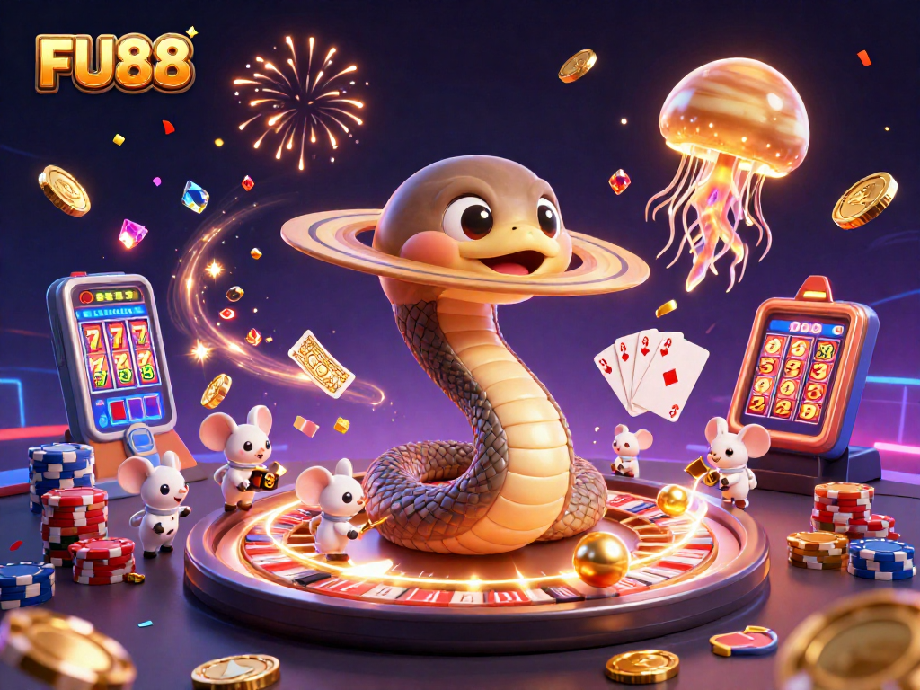 Engage in thrilling gameplay at FU88 with vibrant casino illustrations featuring dynamic characters and games.