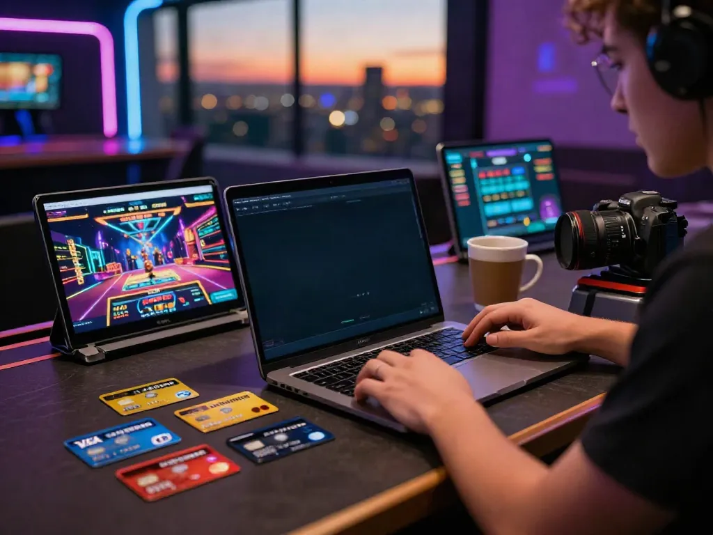 Player enjoying casinos that accept credit card with colorful game graphics and various credit cards on desk.