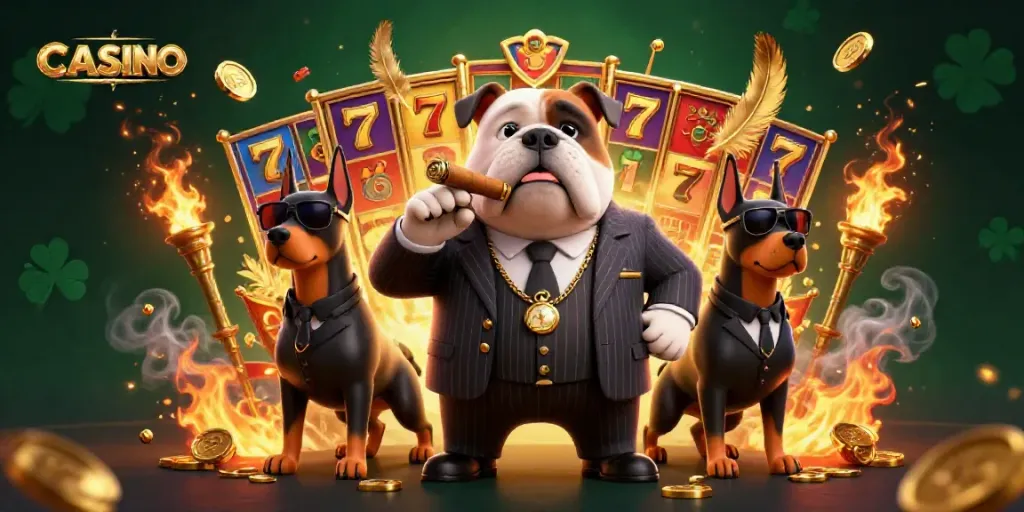 Exciting casino scene with a bulldog mafia boss and Doberman bodyguards surrounded by casino elements.