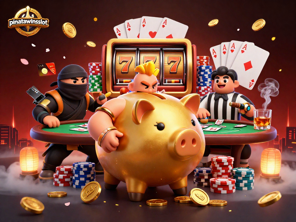 Experience the excitement of pinatawinsslot with vibrant slot reels, golden coins, and dynamic characters.