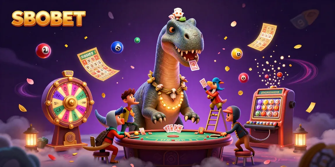 SBOBET engages players in an exciting casino world featuring a giant brontosaurus, colorful lottery balls, and a raptor dealer.