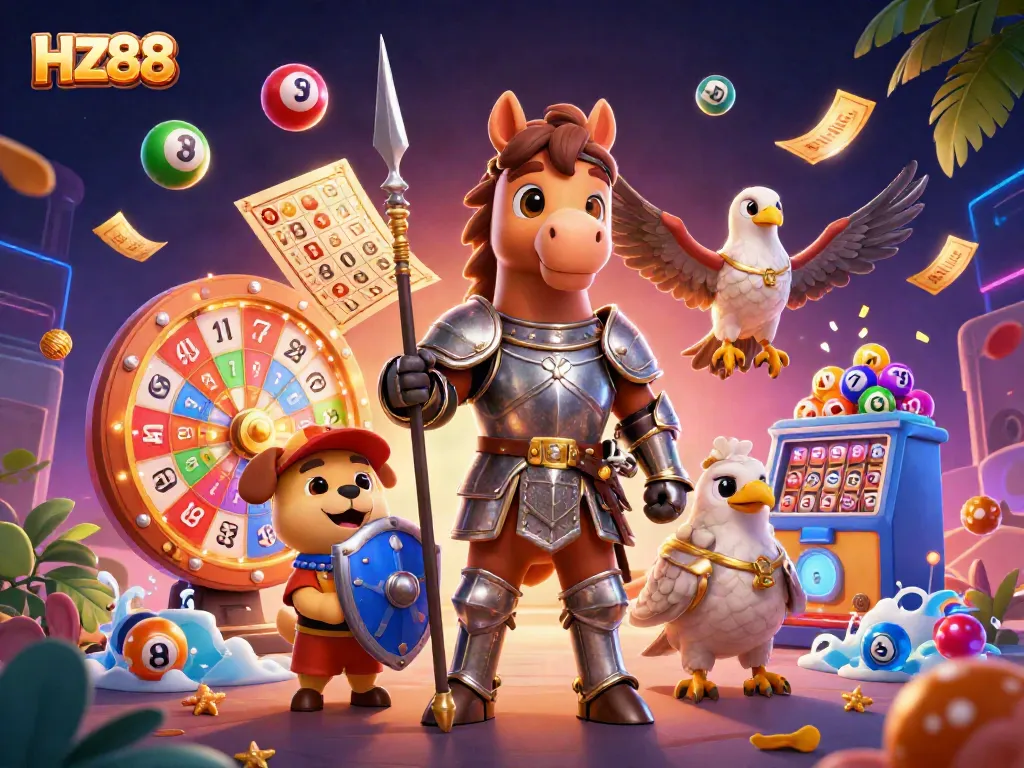 Experience HZ88 with vibrant lottery elements and dynamic 3D characters in an exciting casino scene.