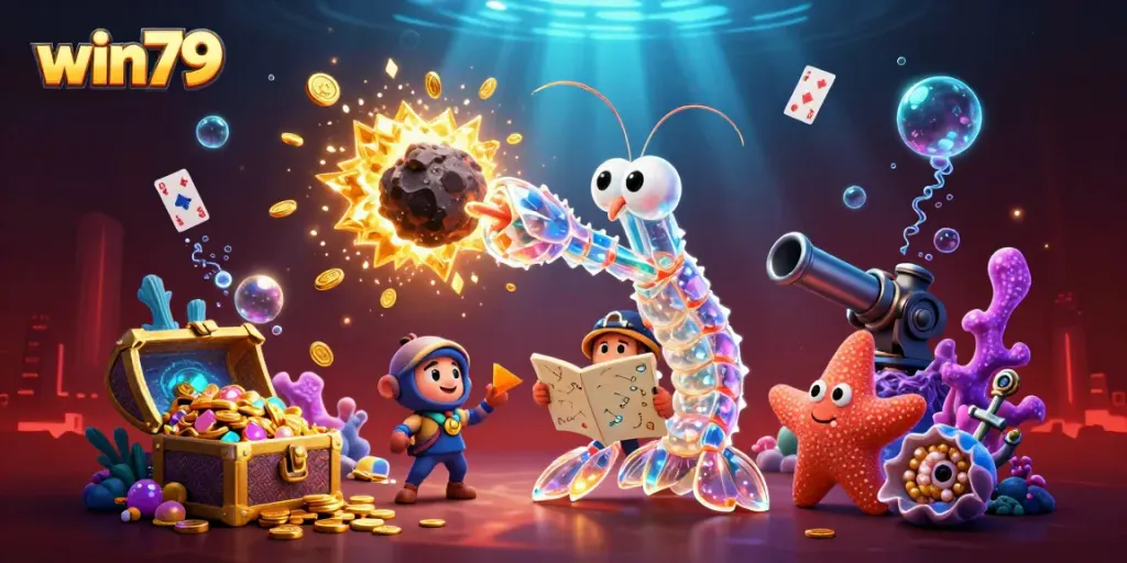 win79 showcases a vibrant cartoon scene where a galactic samurai shrimp smashes asteroids for gems and coins in a colorful underwater casino