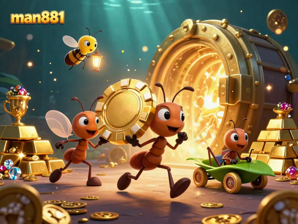 Engage with man881 as ants pull off a dazzling heist of golden poker chips in a dynamic casino scene.