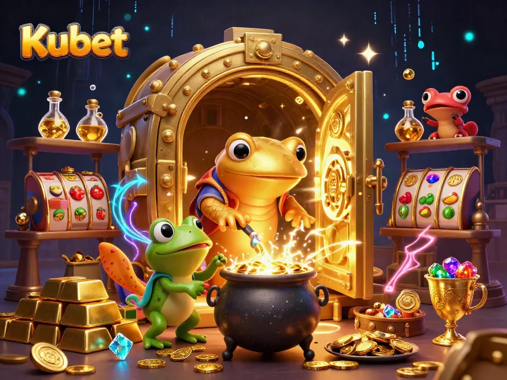 Kubet alchemist transmuting metals into gold coins in an exciting casino setting.