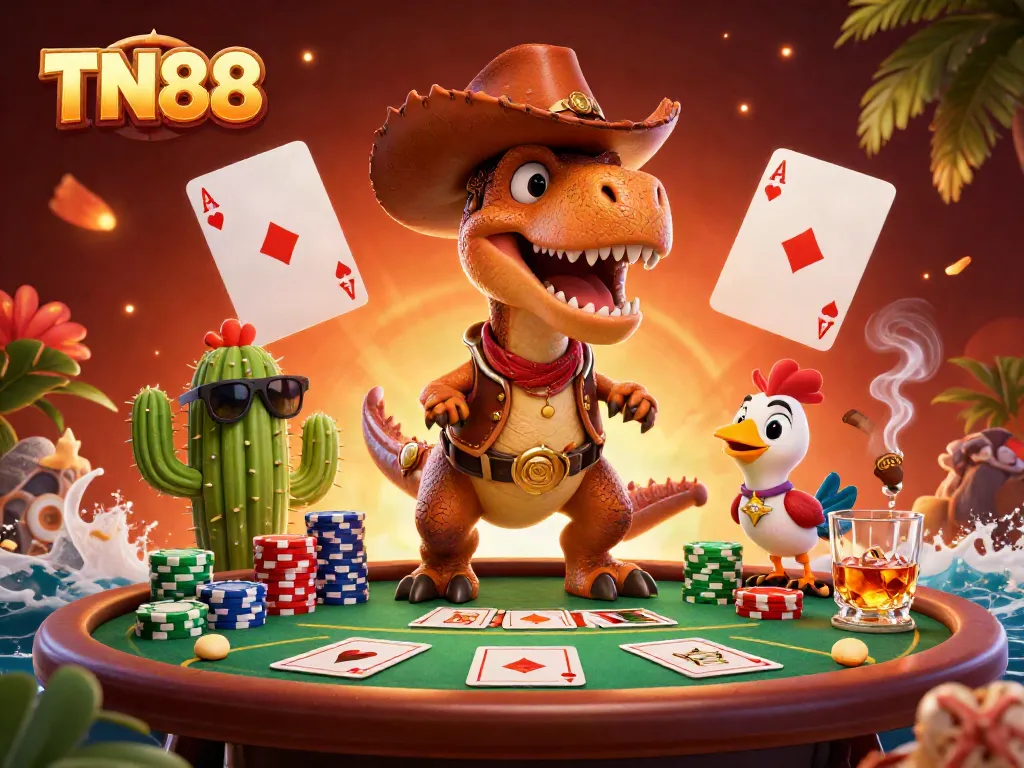 Experience the thrill of TN88 with colorful poker chips and a lively cowboy dinosaur in a gaming scene.
