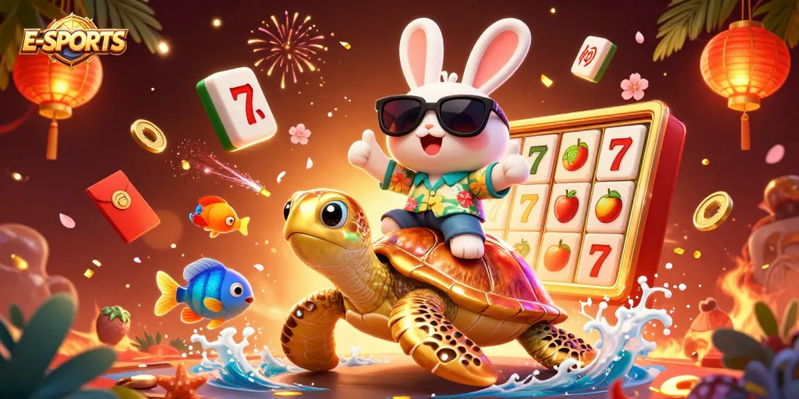 E-SPORTS themed illustration showcasing a lucky rabbit and golden turtle amidst vibrant casino elements for an engaging experience
