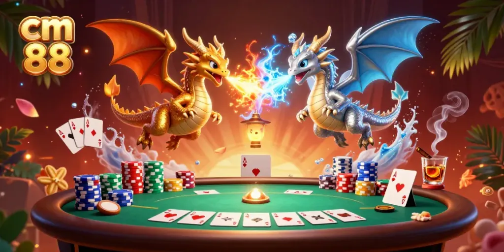 Win big with cm 88 at the vibrant online casino featuring dynamic dragons and poker elements!