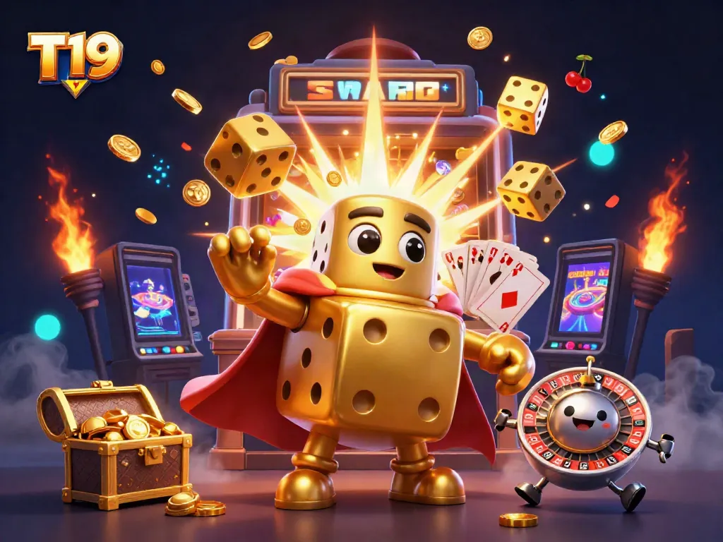 T19 brings exciting gaming moments as golden dice juggle in an energetic casino scene.