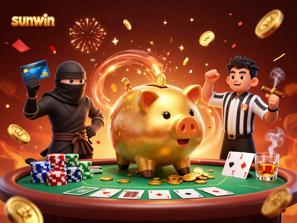 Experience winning with sunwin at a dynamic casino scene featuring unique characters and rich gaming elements.