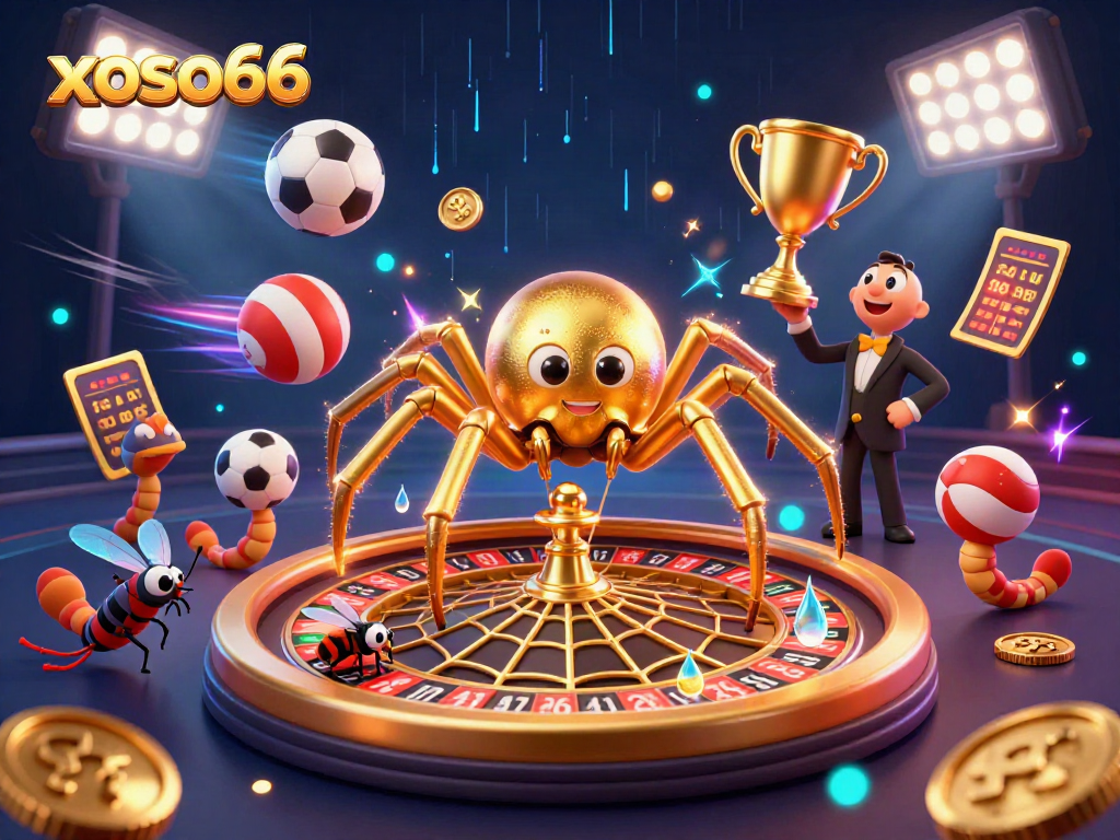 Place thrilling bets with xoso66's golden spider roulette in this dynamic casino scene.