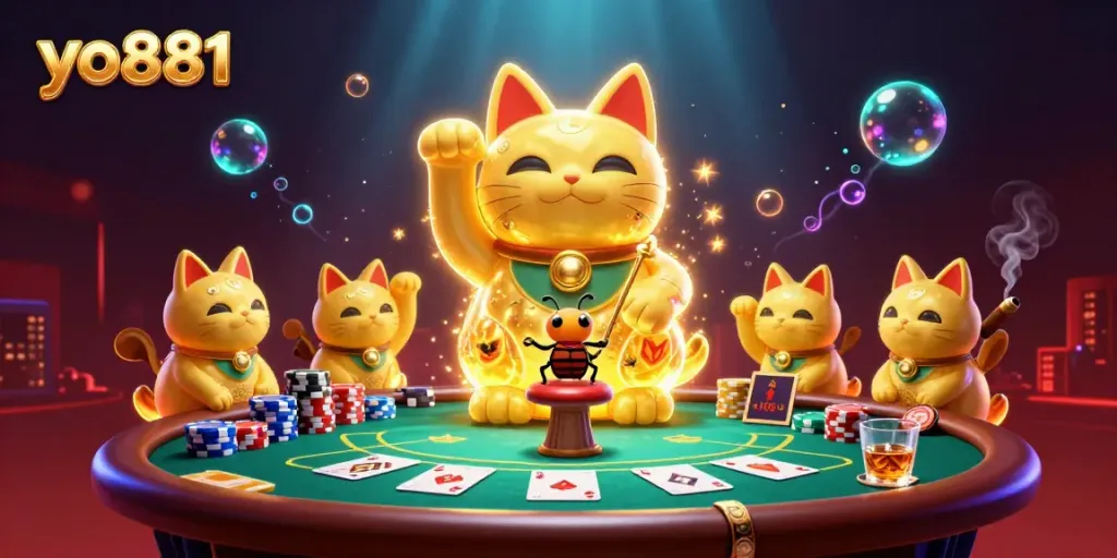 Experience excitement with the golden firefly lucky cat at yo881, surrounded by vibrant casino symbols.