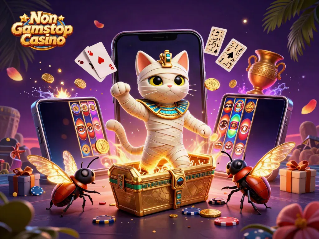 Engage with Non Gamstop Casino through vibrant 3D illustration featuring ancient Egyptian characters and dynamic gaming elements.
